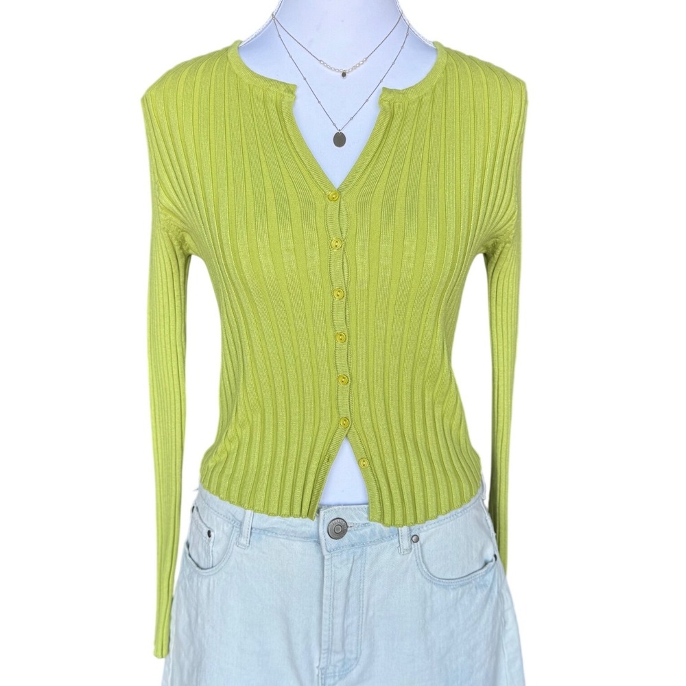 Y2K Forever 21 Ribbed Cardigan Knit Button Front Lime Green Slim Fit Medium